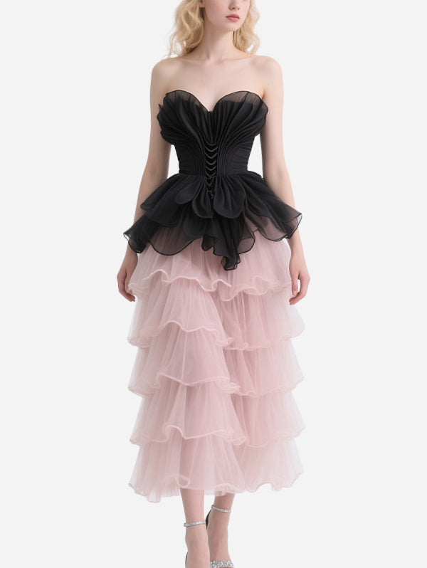 Sweet and Cool Contrasting Cascading Tube Top Skirt