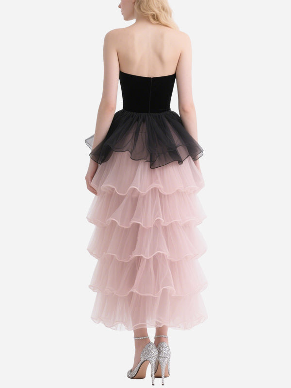 Sweet and Cool Contrasting Cascading Tube Top Skirt
