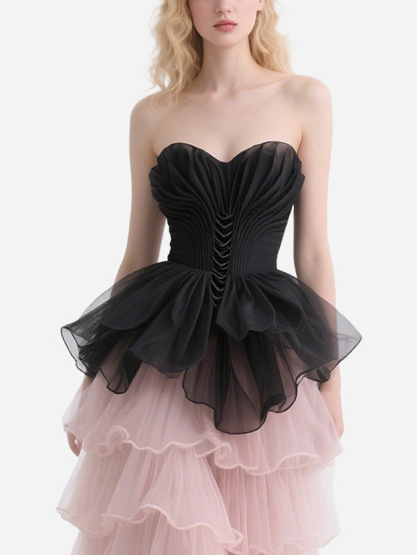 Sweet and Cool Contrasting Cascading Tube Top Skirt