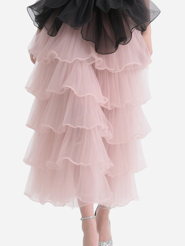 Sweet and Cool Contrasting Cascading Tube Top Skirt