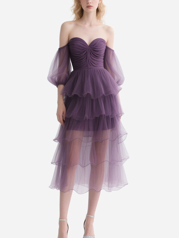 Elegant Off-Shoulder Purple Gauze Cake Skirt