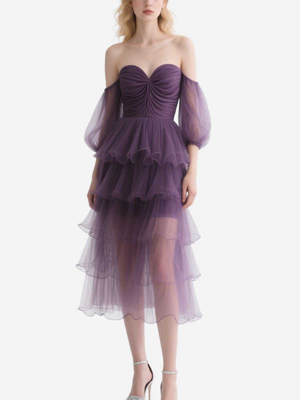 Elegant Off-Shoulder Purple Gauze Cake Skirt