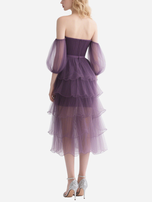 Elegant Off-Shoulder Purple Gauze Cake Skirt
