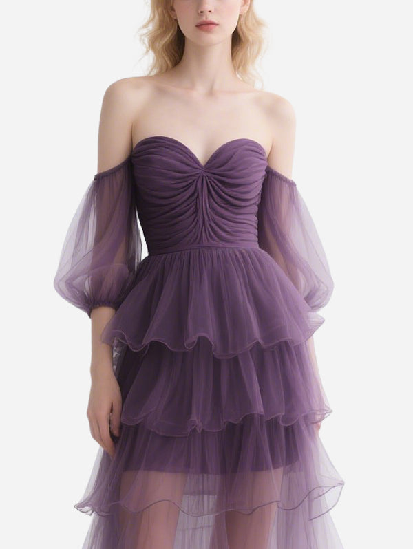 Elegant Off-Shoulder Purple Gauze Cake Skirt