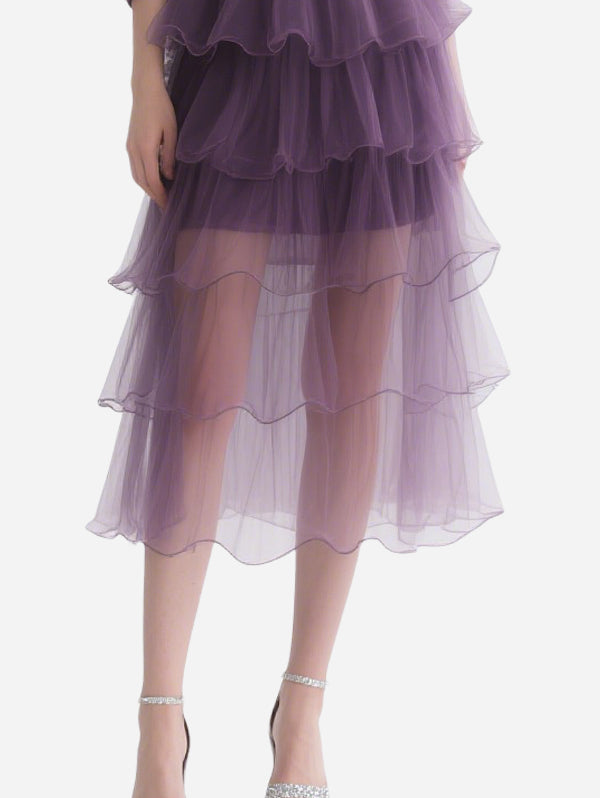 Elegant Off-Shoulder Purple Gauze Cake Skirt
