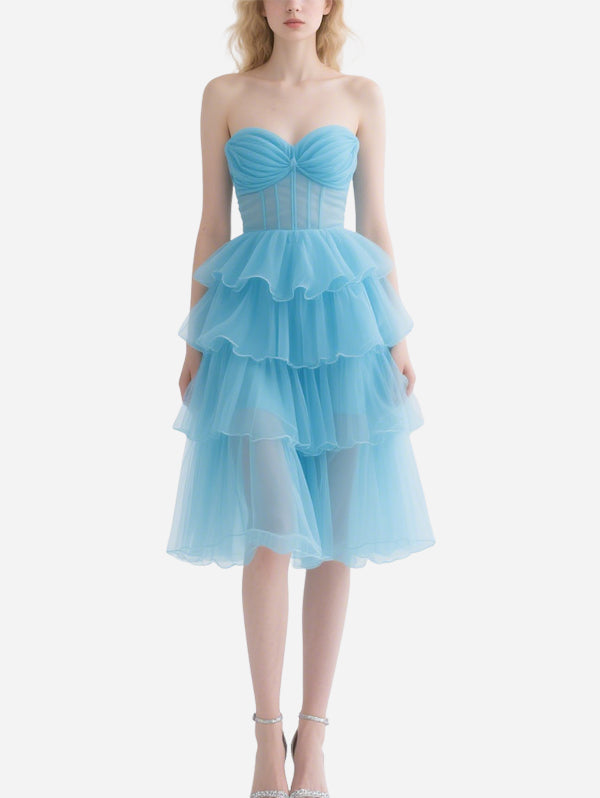Fresh Blue Gauze Strap Puffy Skirt
