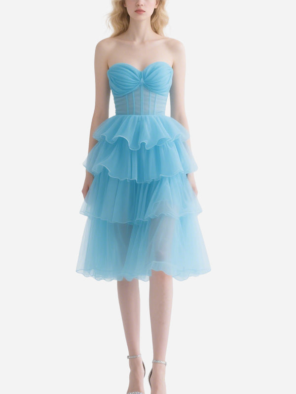 Fresh Blue Gauze Strap Puffy Skirt