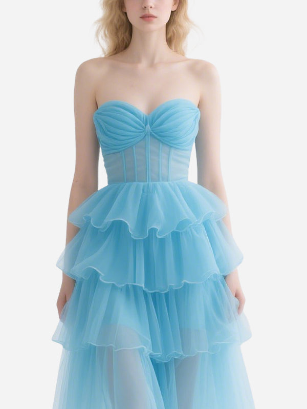 Fresh Blue Gauze Strap Puffy Skirt