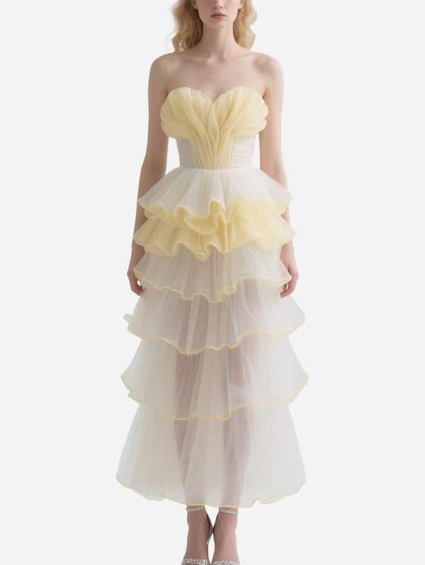 Dreamlike Yellow and White Color Matching Tube Top Tulle Skirt