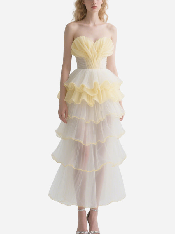 Dreamlike Yellow and White Color Matching Tube Top Tulle Skirt