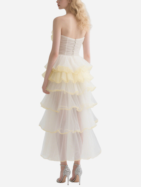 Dreamlike Yellow and White Color Matching Tube Top Tulle Skirt