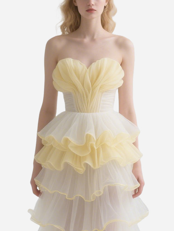 Dreamlike Yellow and White Color Matching Tube Top Tulle Skirt