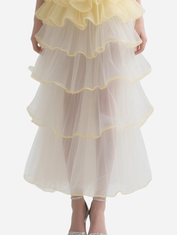 Dreamlike Yellow and White Color Matching Tube Top Tulle Skirt
