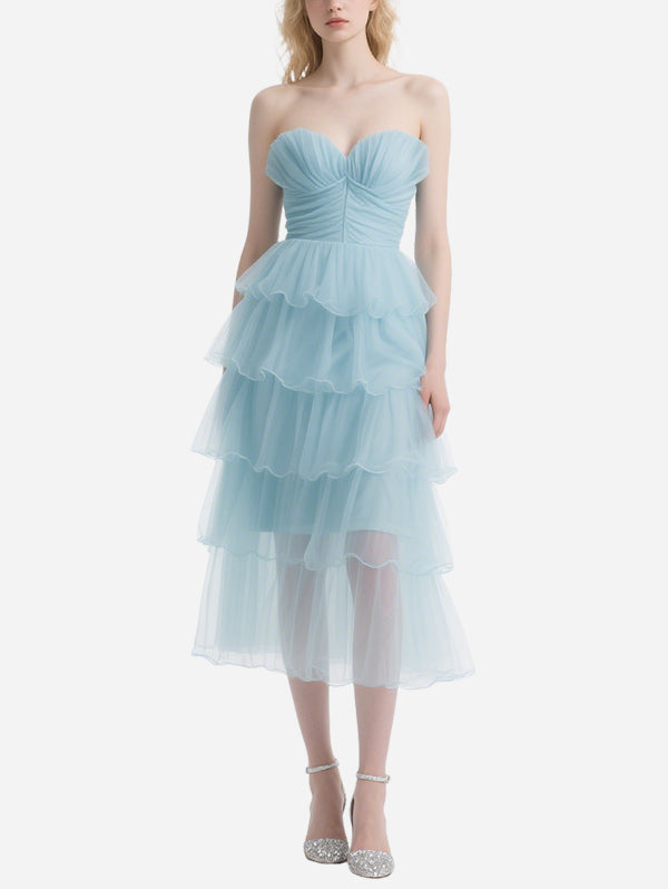 Fresh Blue Tulle Layered Tube Top Long Skirt