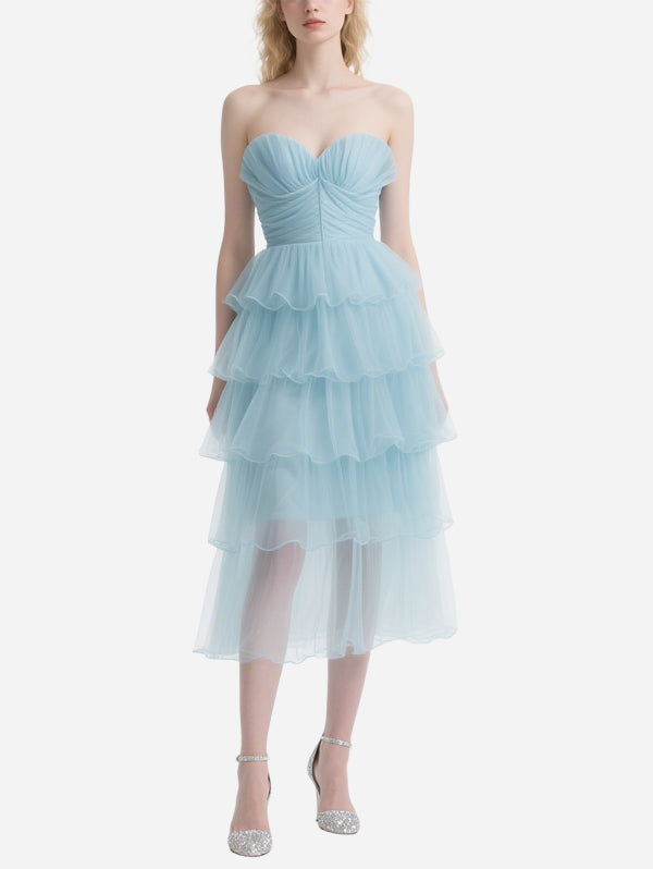 Fresh Blue Tulle Layered Tube Top Long Skirt