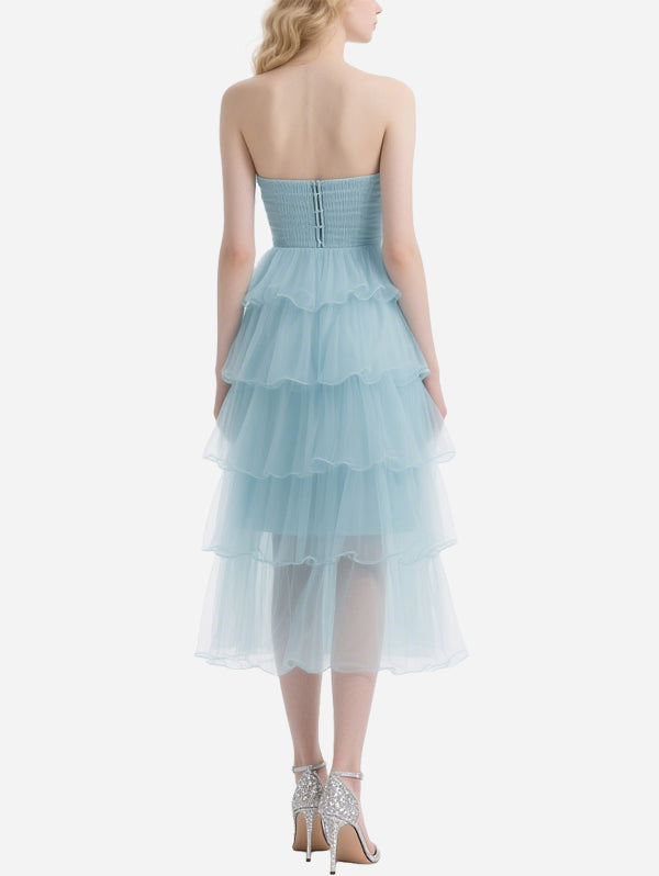 Fresh Blue Tulle Layered Tube Top Long Skirt