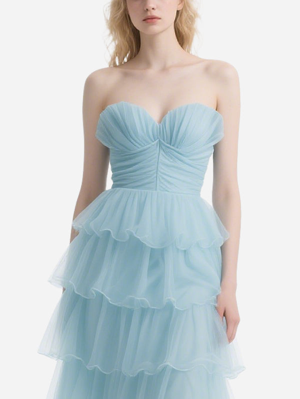 Fresh Blue Tulle Layered Tube Top Long Skirt