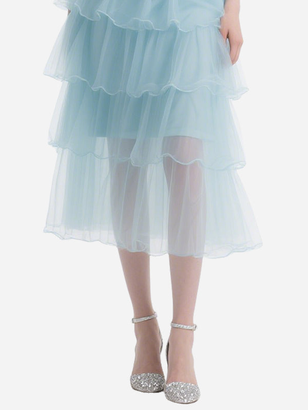 Fresh Blue Tulle Layered Tube Top Long Skirt