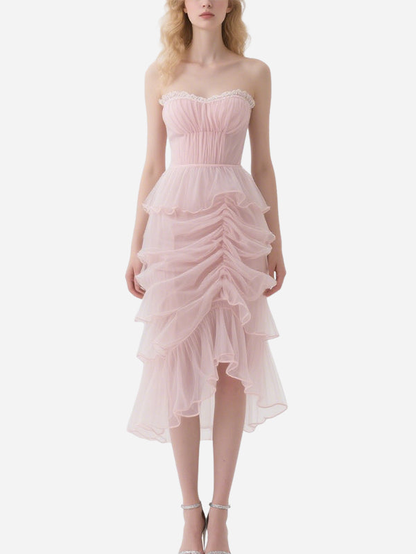 Gentle Pink Tulle Lace Tube Top Skirt