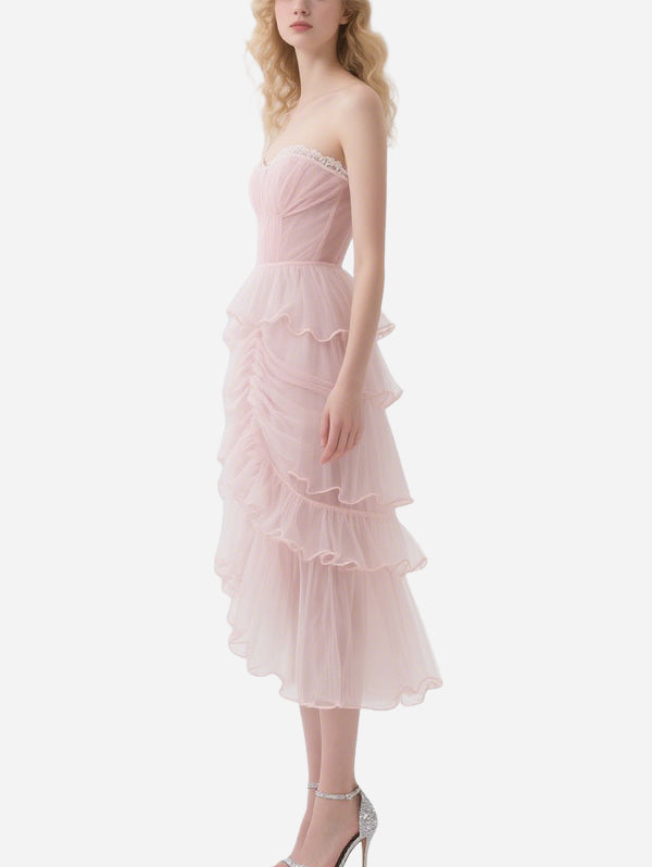 Gentle Pink Tulle Lace Tube Top Skirt