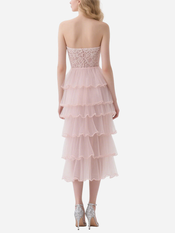 Gentle Pink Tulle Lace Tube Top Skirt