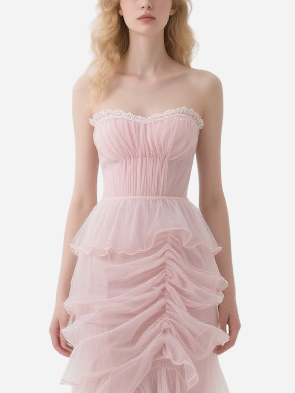 Gentle Pink Tulle Lace Tube Top Skirt