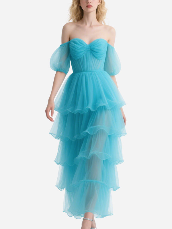 Sweet Blue Tulle Off-Shoulder Layered Long Skirt
