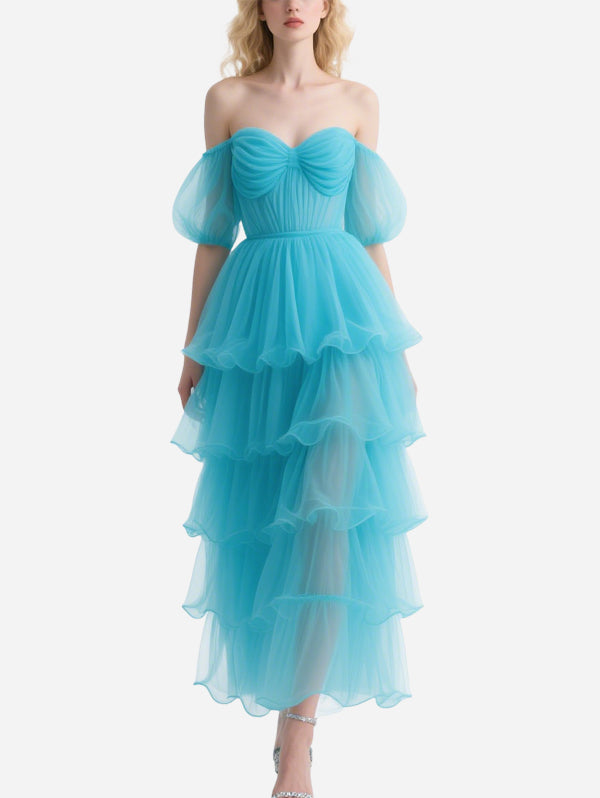 Sweet Blue Tulle Off-Shoulder Layered Long Skirt
