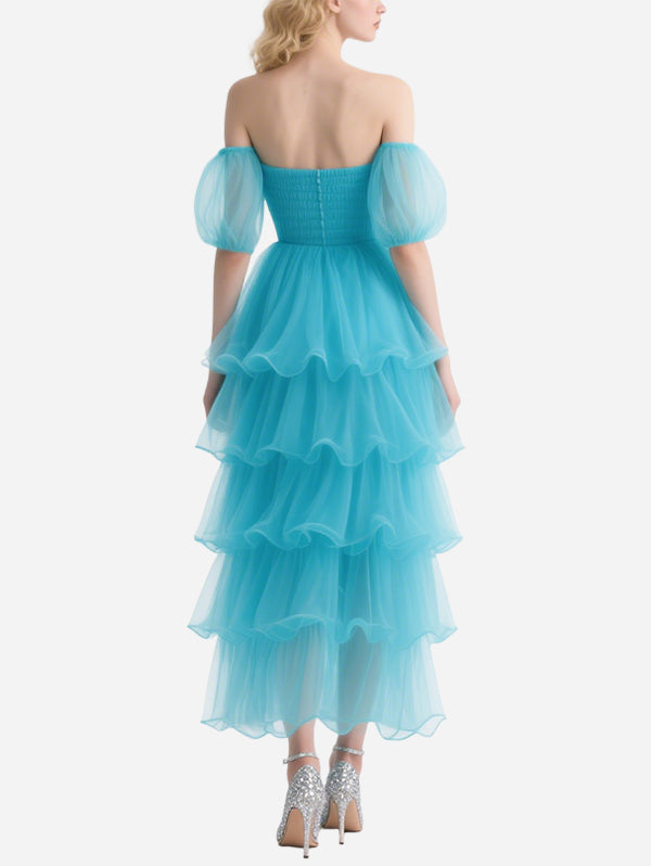Sweet Blue Tulle Off-Shoulder Layered Long Skirt