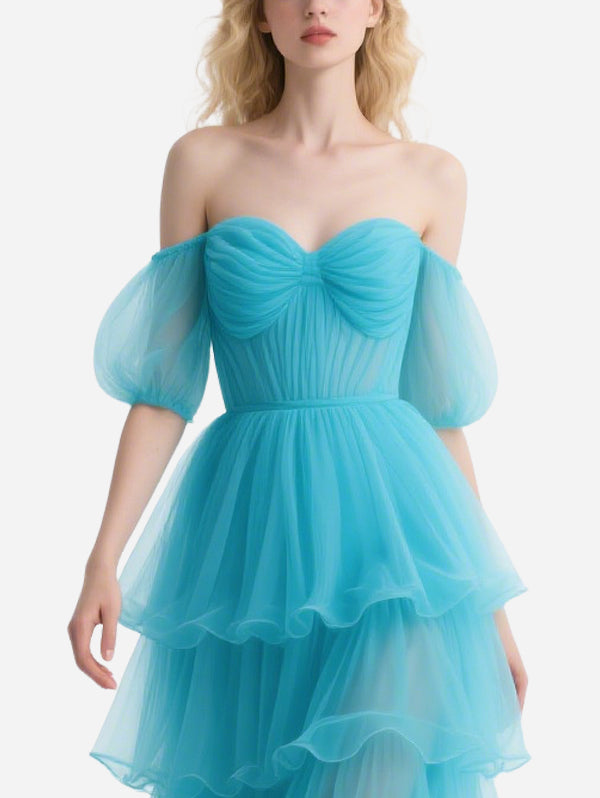 Sweet Blue Tulle Off-Shoulder Layered Long Skirt
