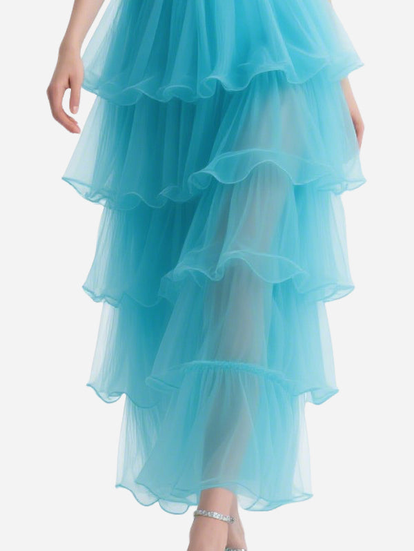 Sweet Blue Tulle Off-Shoulder Layered Long Skirt