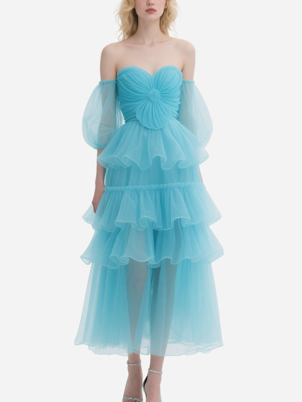 Exquisite Flower Decorated Blue Tulle Off-Shoulder Skirt
