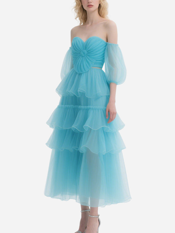 Exquisite Flower Decorated Blue Tulle Off-Shoulder Skirt