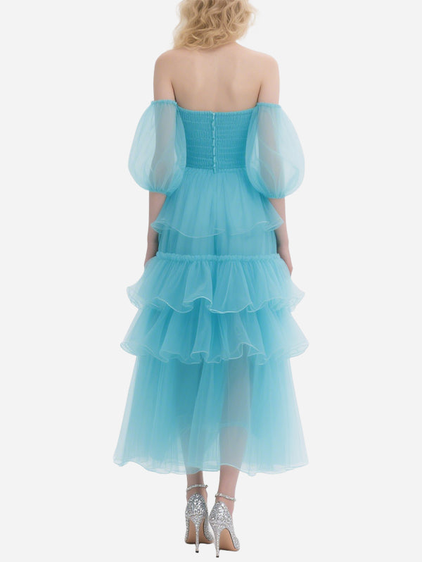 Exquisite Flower Decorated Blue Tulle Off-Shoulder Skirt