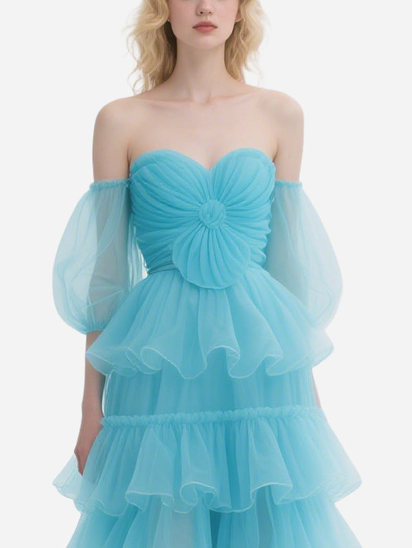 Exquisite Flower Decorated Blue Tulle Off-Shoulder Skirt