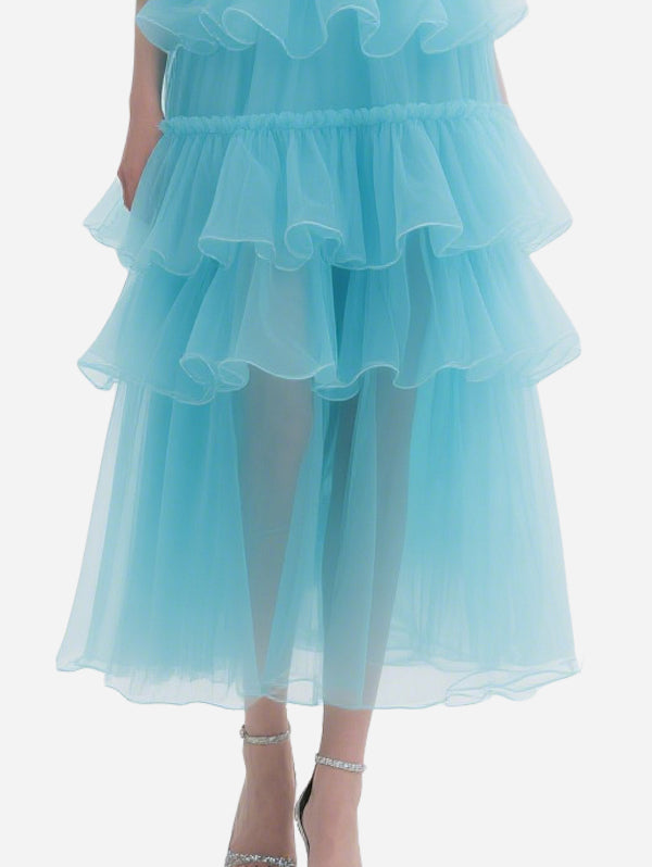 Exquisite Flower Decorated Blue Tulle Off-Shoulder Skirt